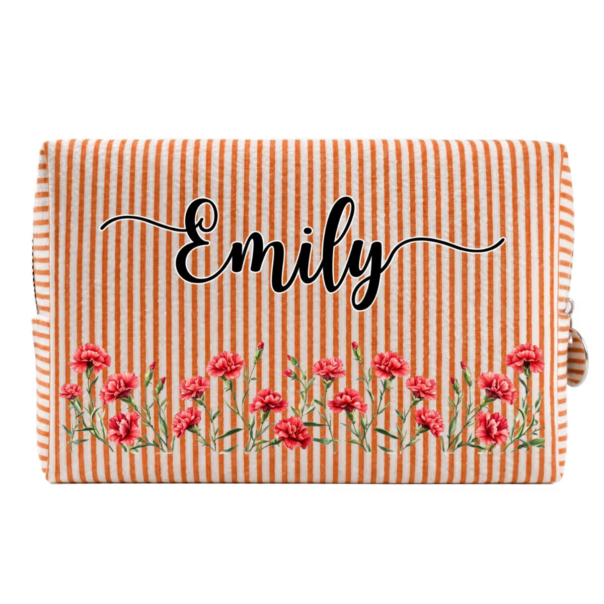 Custom Birth Flower & Name For Her, Daughter, Sister, Friends • Born To Bloom - Personalized Seersucker Print Makeup Bag