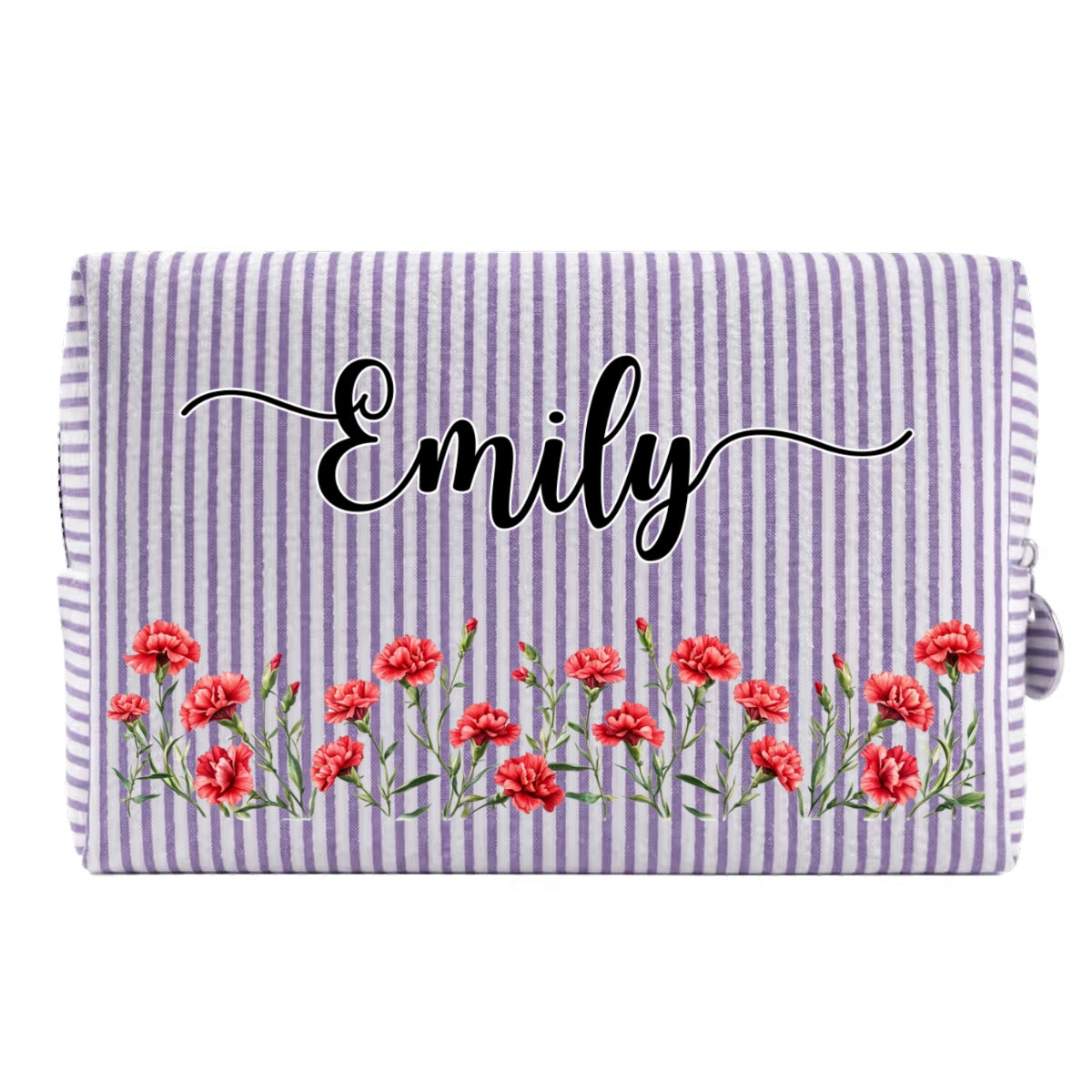 Custom Birth Flower & Name For Her, Daughter, Sister, Friends • Born To Bloom - Personalized Seersucker Print Makeup Bag