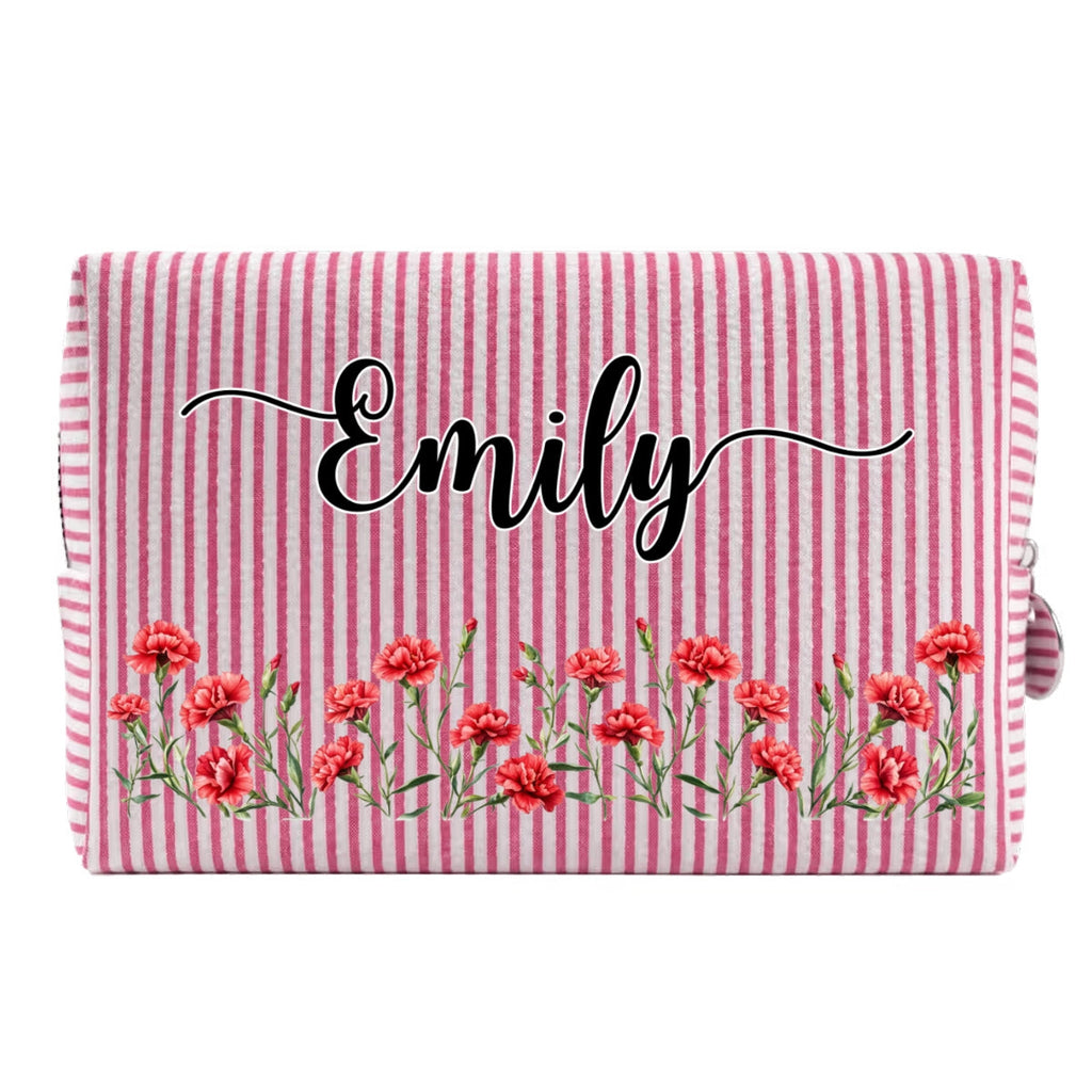 Custom Birth Flower & Name For Her, Daughter, Sister, Friends • Born To Bloom - Personalized Seersucker Print Makeup Bag