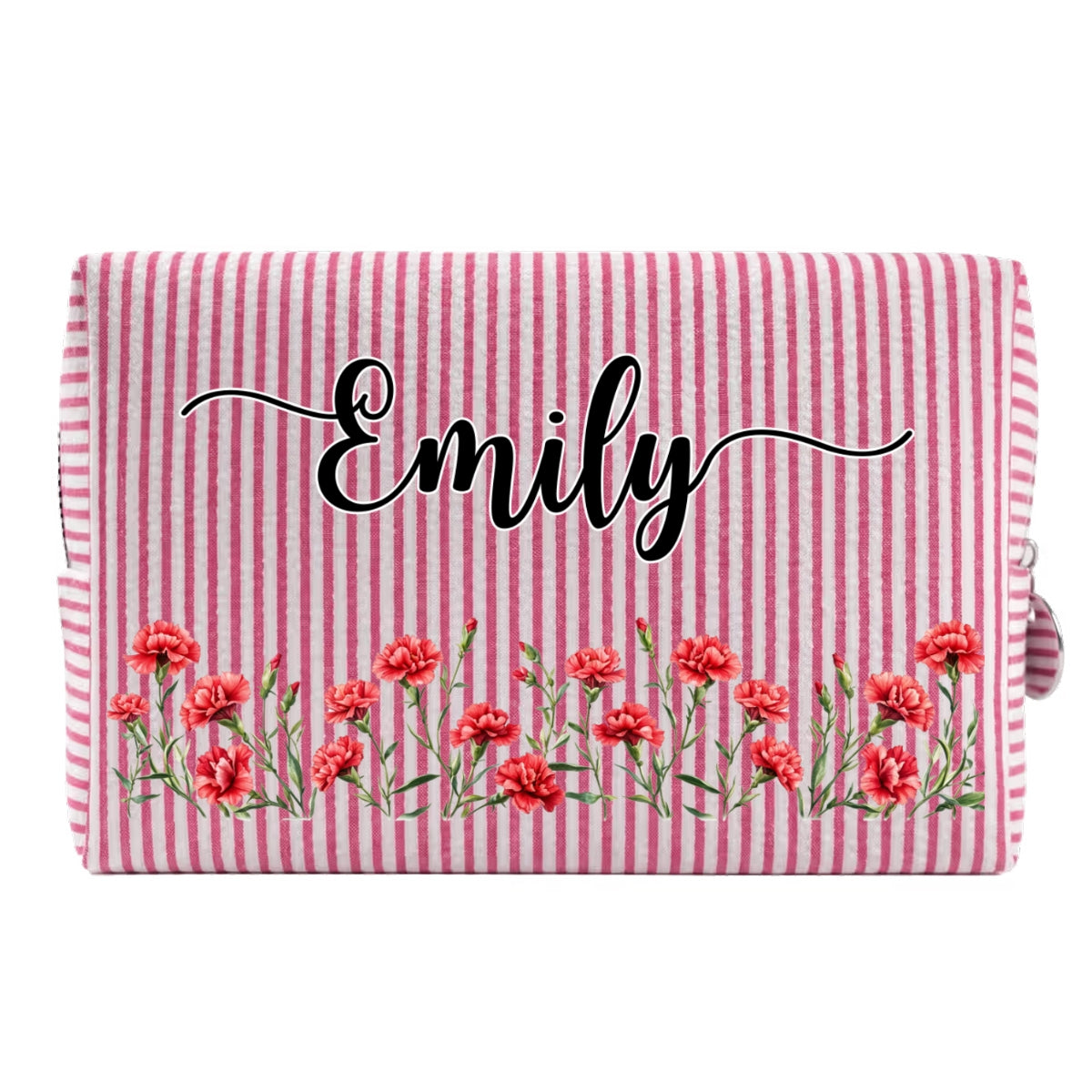 Custom Birth Flower & Name For Her, Daughter, Sister, Friends • Born To Bloom - Personalized Seersucker Print Makeup Bag
