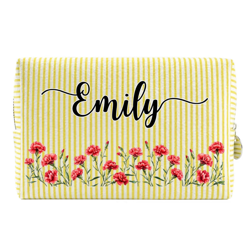 Custom Birth Flower & Name For Her, Daughter, Sister, Friends • Born To Bloom - Personalized Seersucker Print Makeup Bag