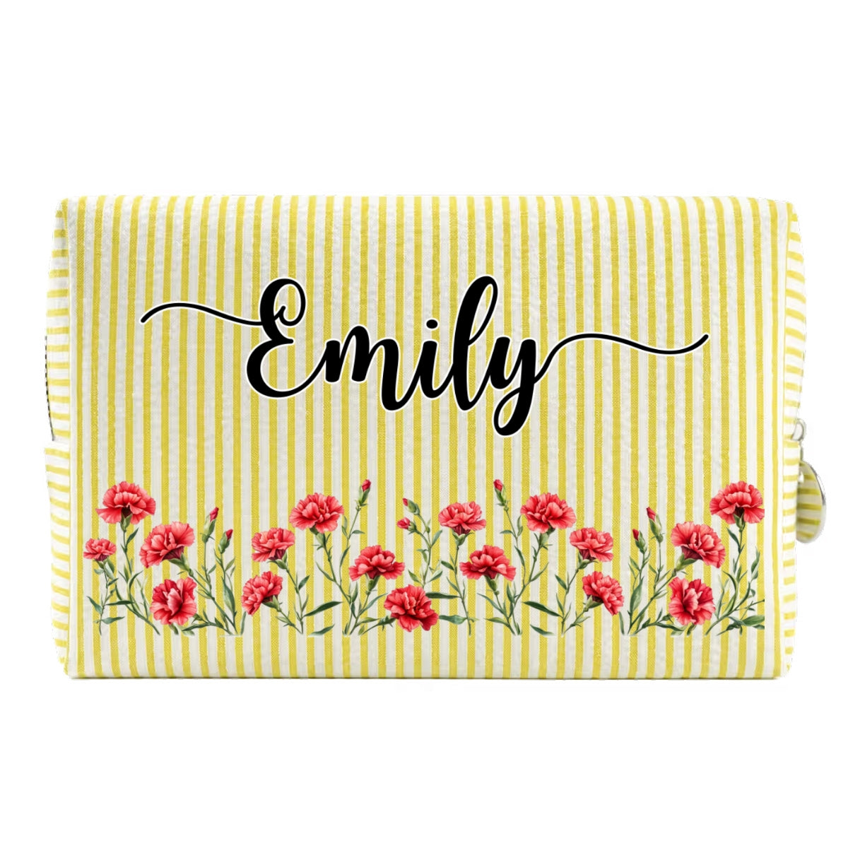 Custom Birth Flower & Name For Her, Daughter, Sister, Friends • Born To Bloom - Personalized Seersucker Print Makeup Bag