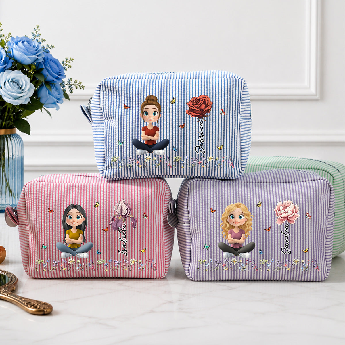 Vintage Floral Soul - Personalized Seersucker Print Makeup Bag