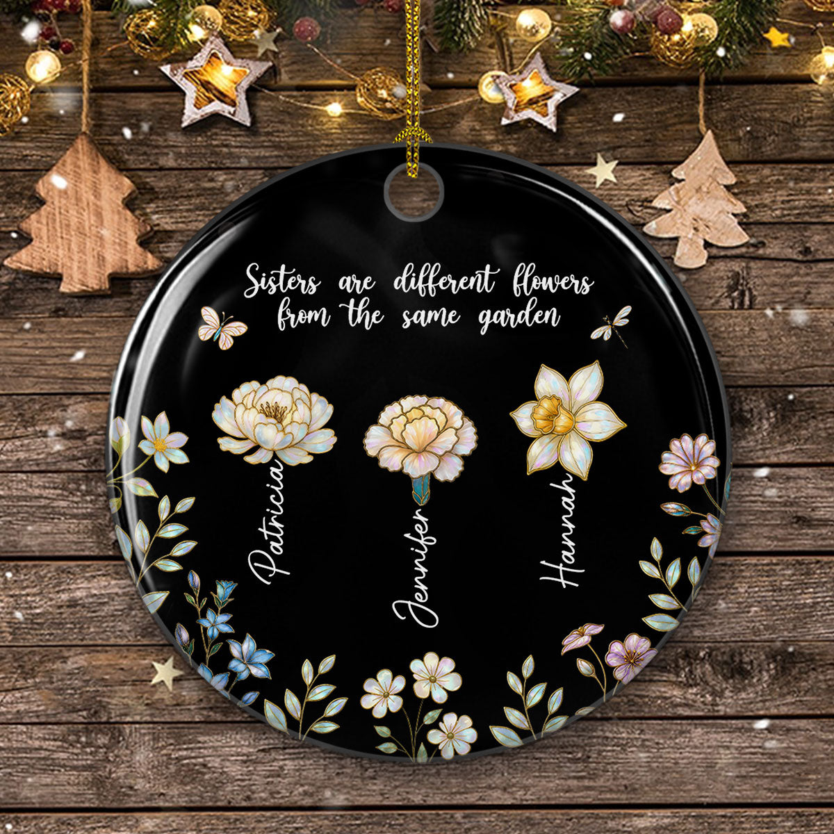 Custom Sister Christmas Ornament •  Birth Flower Sisters Are Different Flowers - Personalized Ceramic Ornament