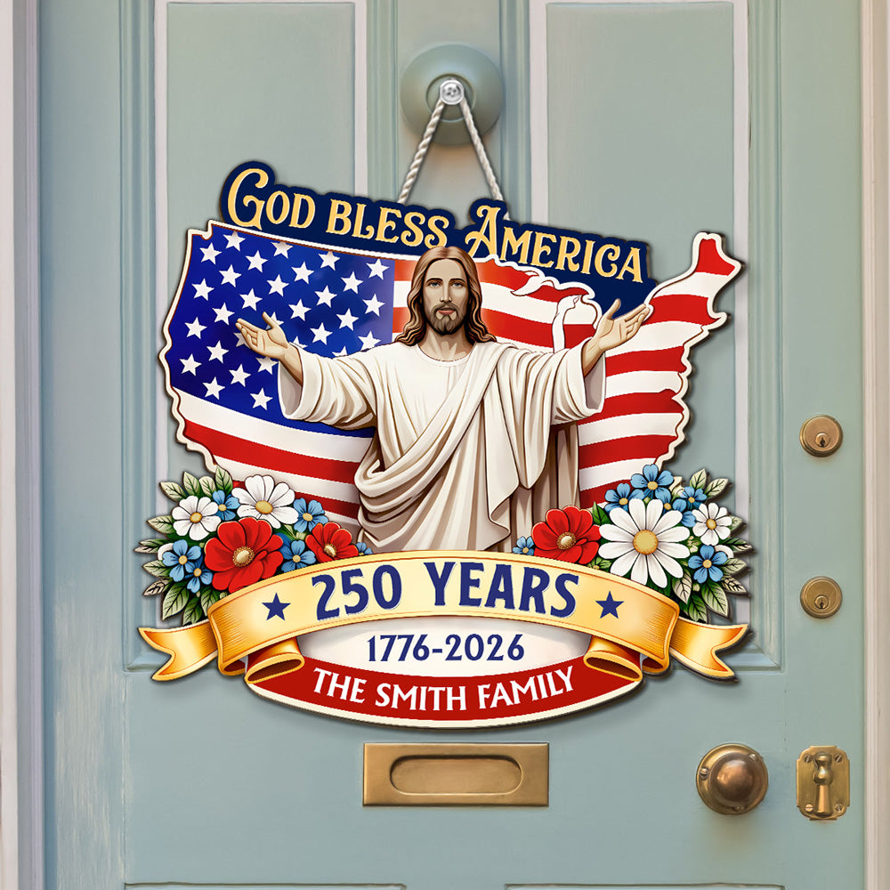 Custom Family Patriotic Hanging Decor, 4th of July • God Bless America - Personalized Wood Sign
