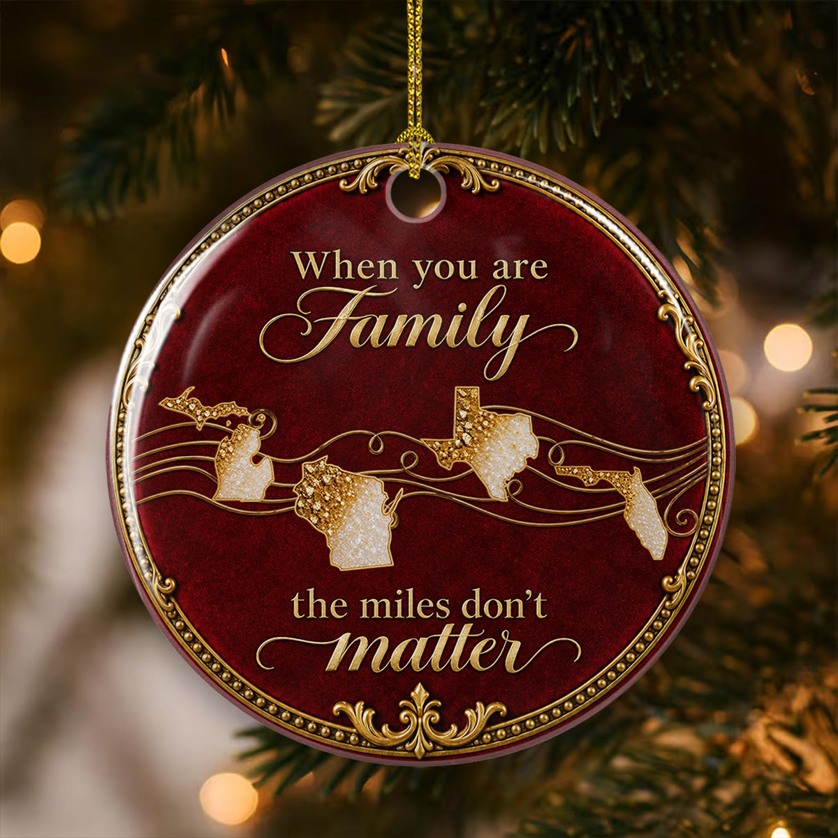 Custom Family Ornament, Christmas Gift for Family Members •  Love Makes The Miles Disappear - Personalized Ceramic Ornament