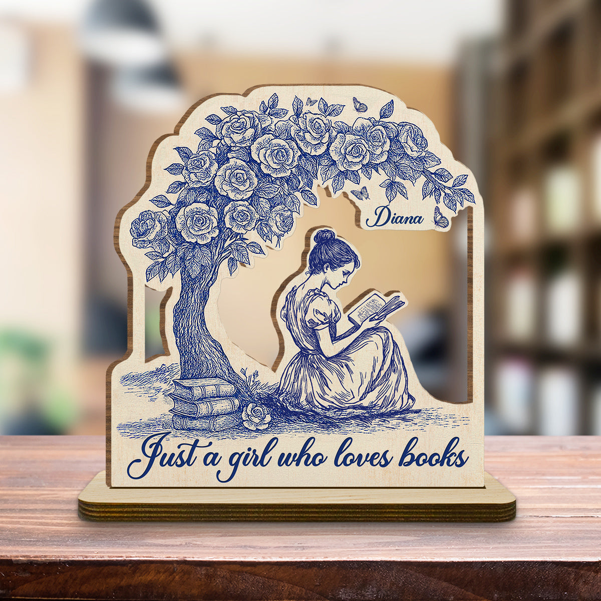 Custom Christmas Book Nook Decor For Bookworms, Book Lovers, Readers • Just A Girl Loves Book - Personalized 2-Layer Wood Plaque With Flat Base