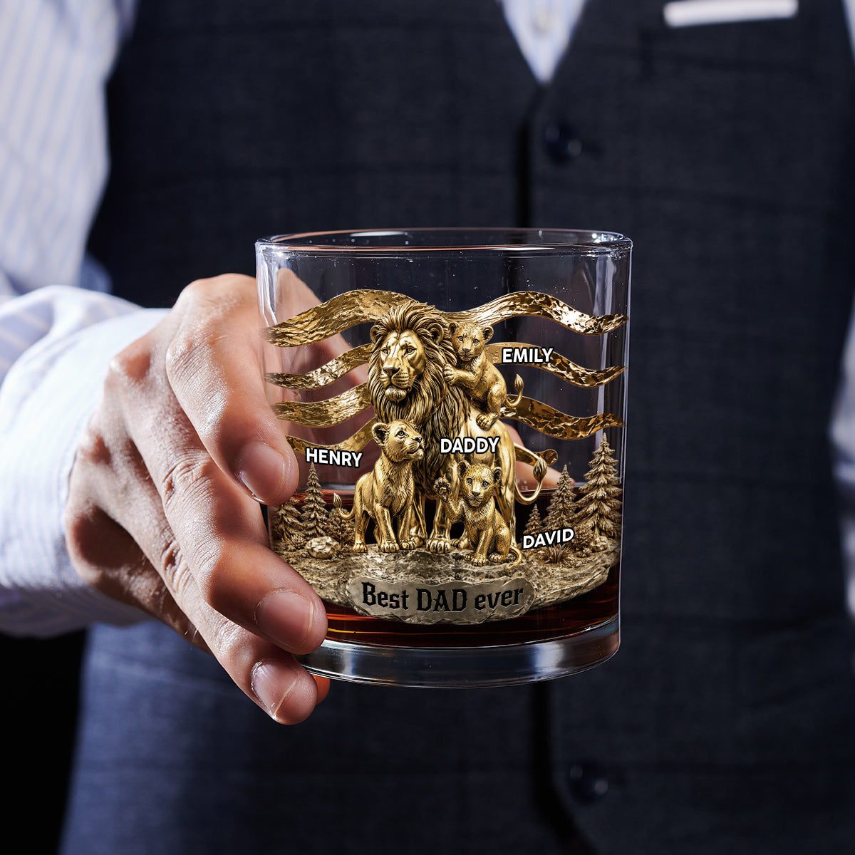 Custom Father's Day Birthday Gifts for Husband • Lion Dad And Kids - Personalized Whiskey Glass