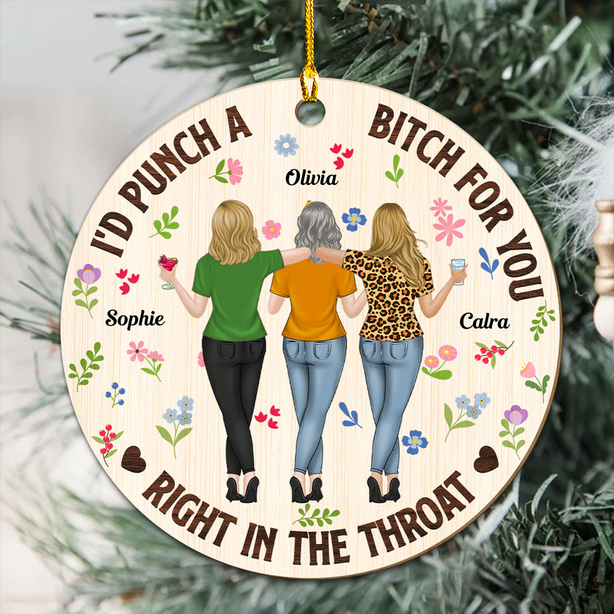 Custom Friendship Christmas Ornament, Best Friend Gift •  Punch Bitch Besties - Personalized Wood Ornament