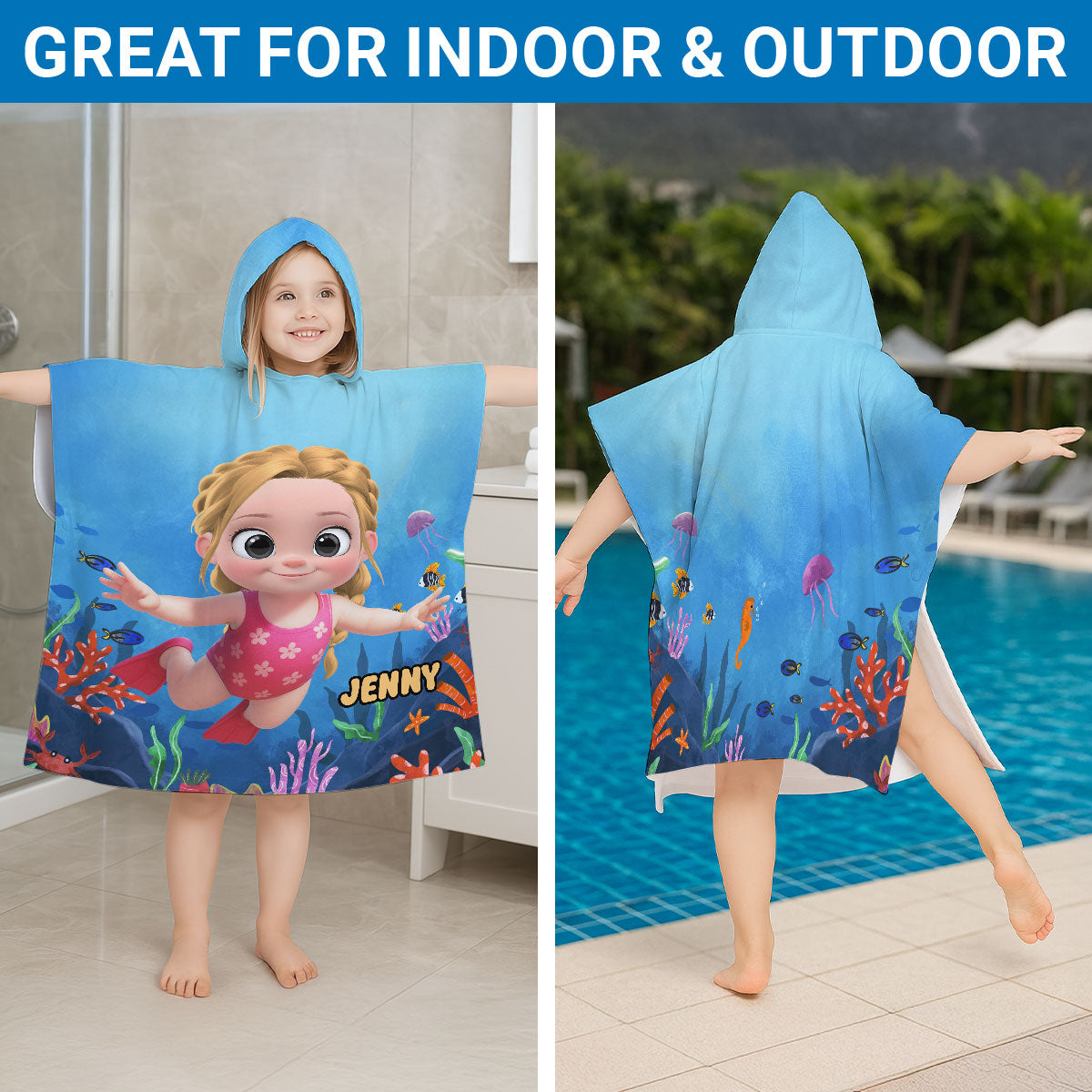 Cartoon Kid Character Marine - Personalized Hooded Beach Towel