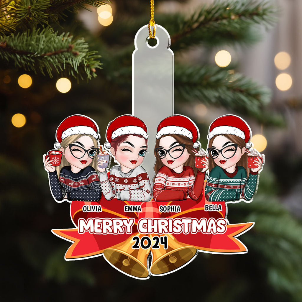 Custom Friendship Christmas Ornament, Best Friend Gift •  Bestie Sitting On Bell - Personalized Acrylic Ornament