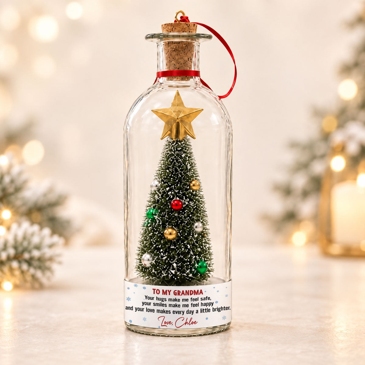 Custom Voice Recordable Message, Holiday Ornament Gift For Grandparents • Make Me Feel Safe - Personalized Christmas Tree Bottle