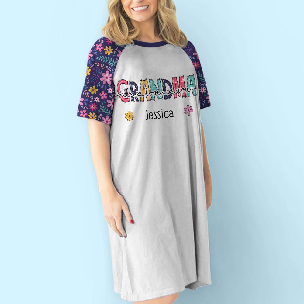 Floral Grandma And Kids - Personalized 3/4 Sleeve Dress