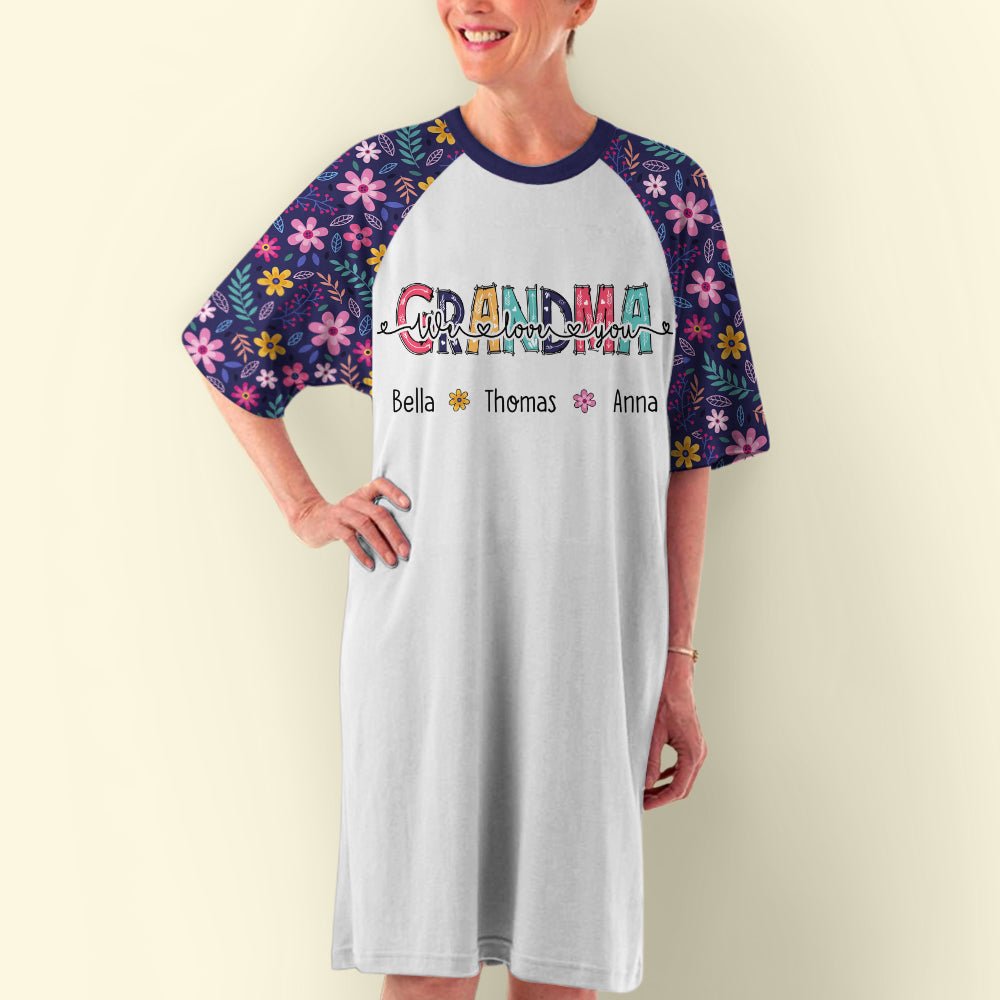 Floral Grandma And Kids - Personalized 3/4 Sleeve Dress