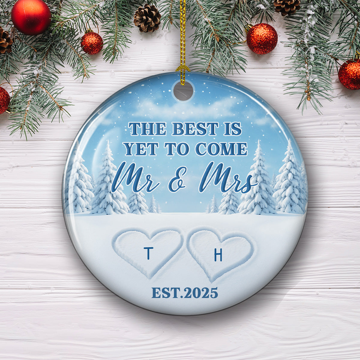 Custom Couple Christmas Ornament, Anniversary Gift •  Writing On Sand - Personalized Ceramic Ornament