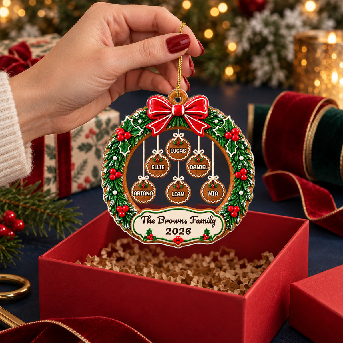 Custom Family Ornament, Christmas Gift for Family Members •  Cookie Family Wreath - Personalized Acrylic Ornament