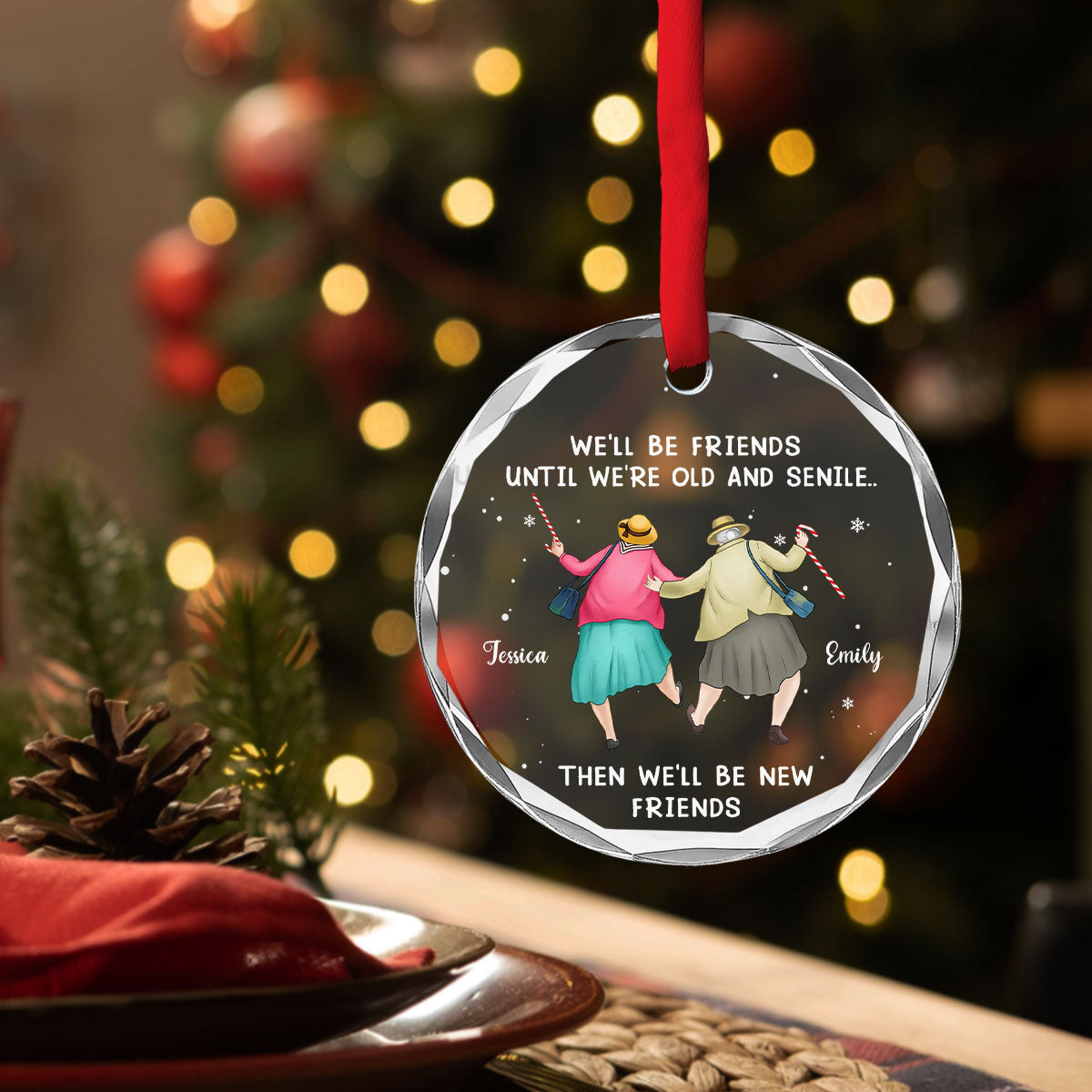 Custom Friendship Christmas Ornament, Best Friend Gift •  Friendship Never Gets Too Old - Personalized Glass Ornament