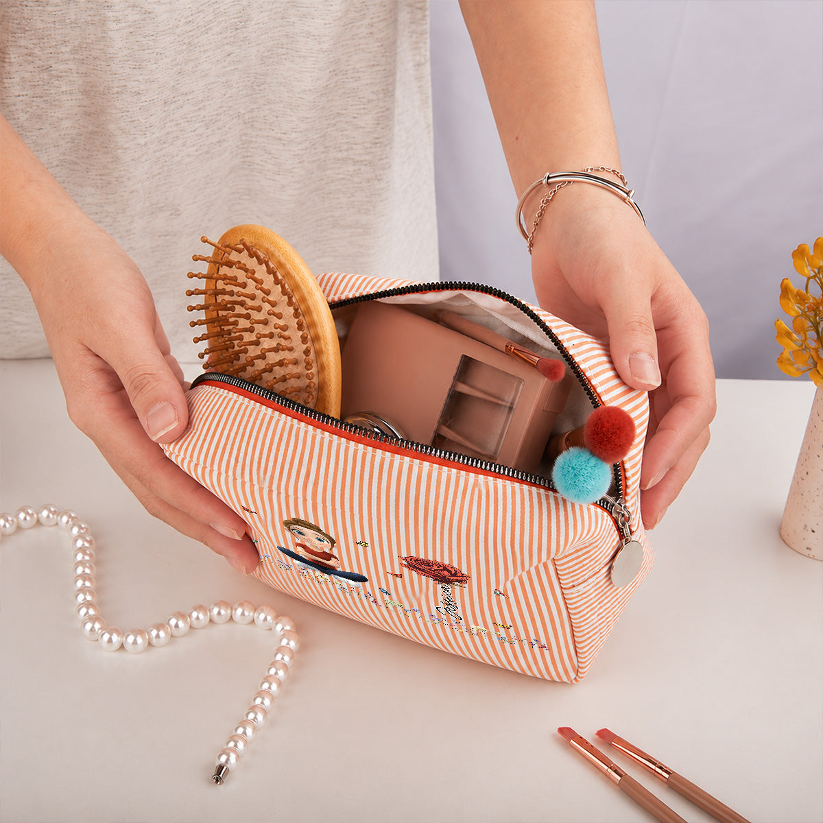 Vintage Floral Soul - Personalized Seersucker Print Makeup Bag