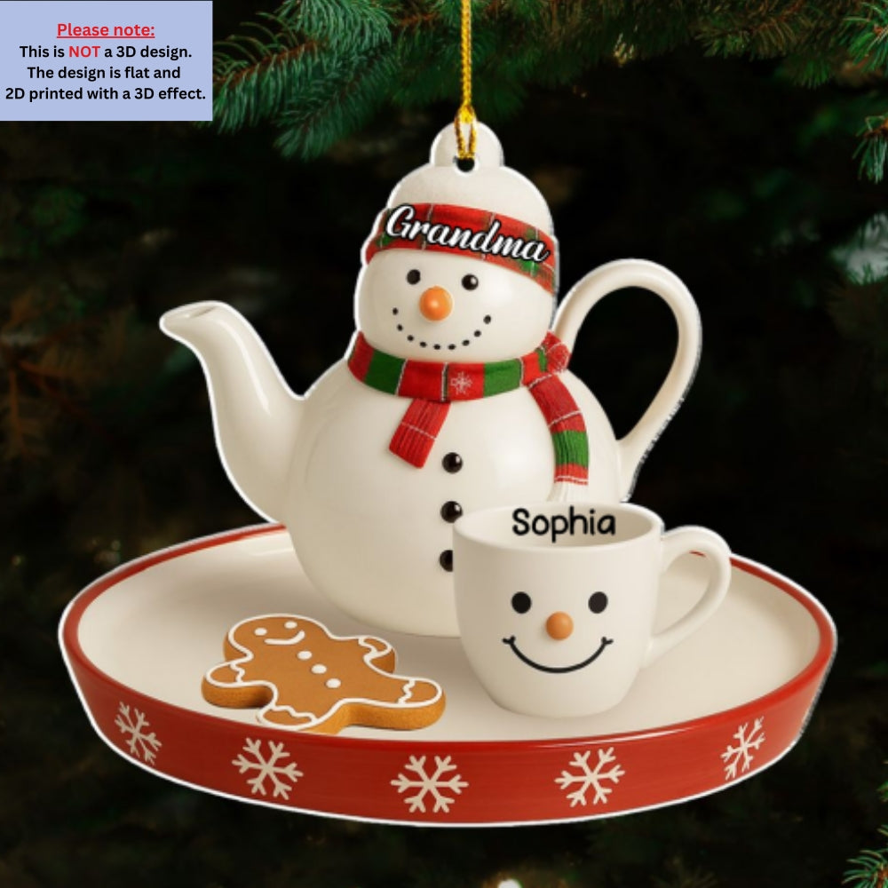 Custom Family Ornament, Christmas Gift for Family Members •  Snowman Smile Tea Set - Personalized Acrylic Ornament