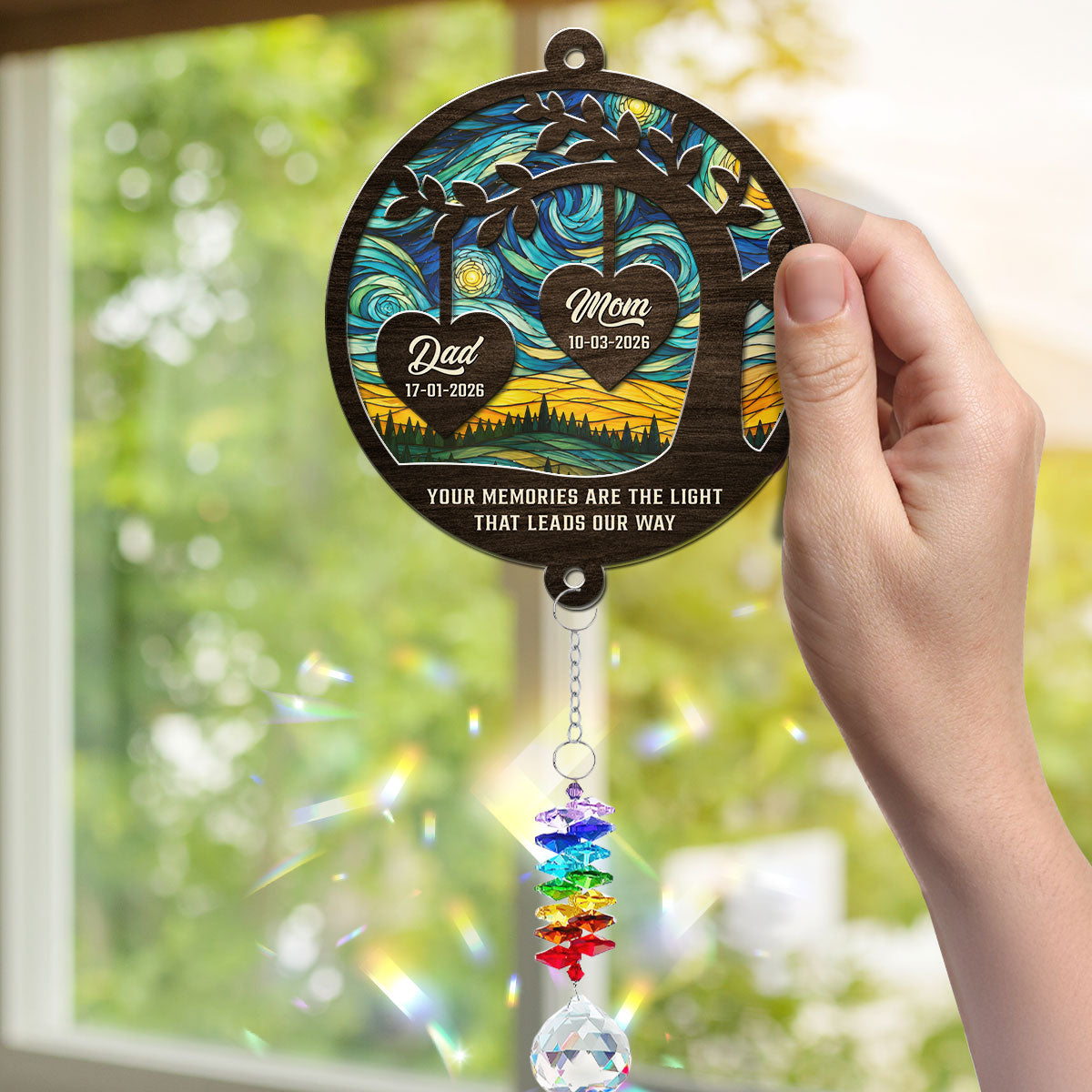 Custom Name Memorial Hanging Decor, Remembrance Keepsake • Your Spirit Lives Within Us - Personalized Suncatcher With Crystal Rainbow Charm