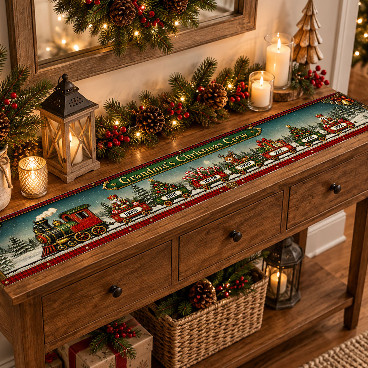 Custom Family Name Christmas Gifts, Holiday Decor Gift • Christmas Train Family - Personalized Table Runner