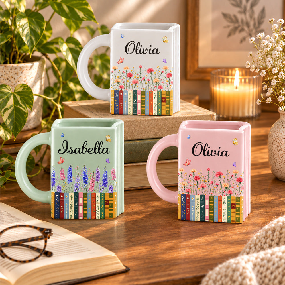 Custom Birth Flower & Name For Friends, Book Lovers, Bookworms, Readers • Made For Cozy Reading Days - Personalized Book Shaped Mug