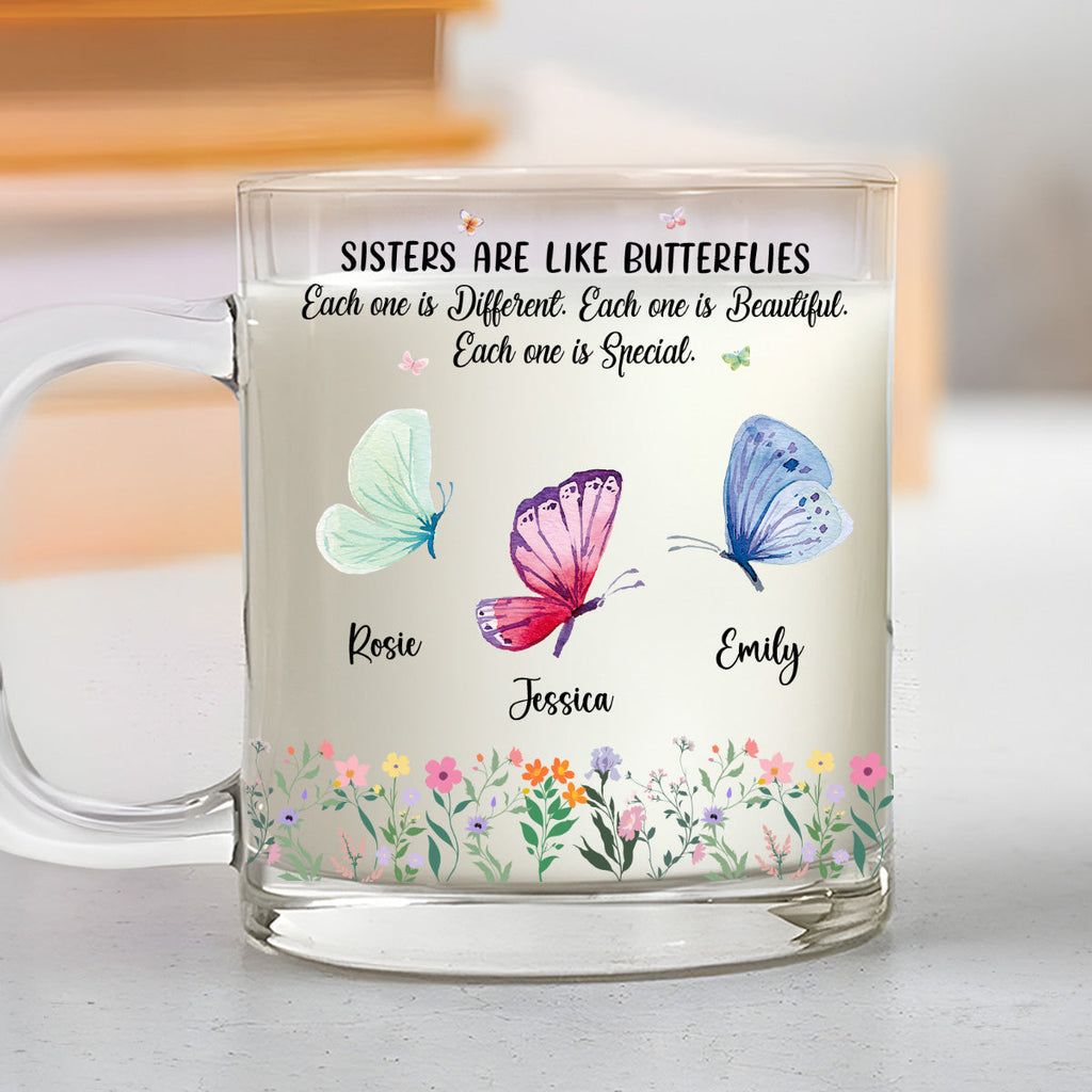 Custom Christmas & Birthday Gift For Sister • Sisters Flutter Through Life Beautifully - Personalized Glass Mug
