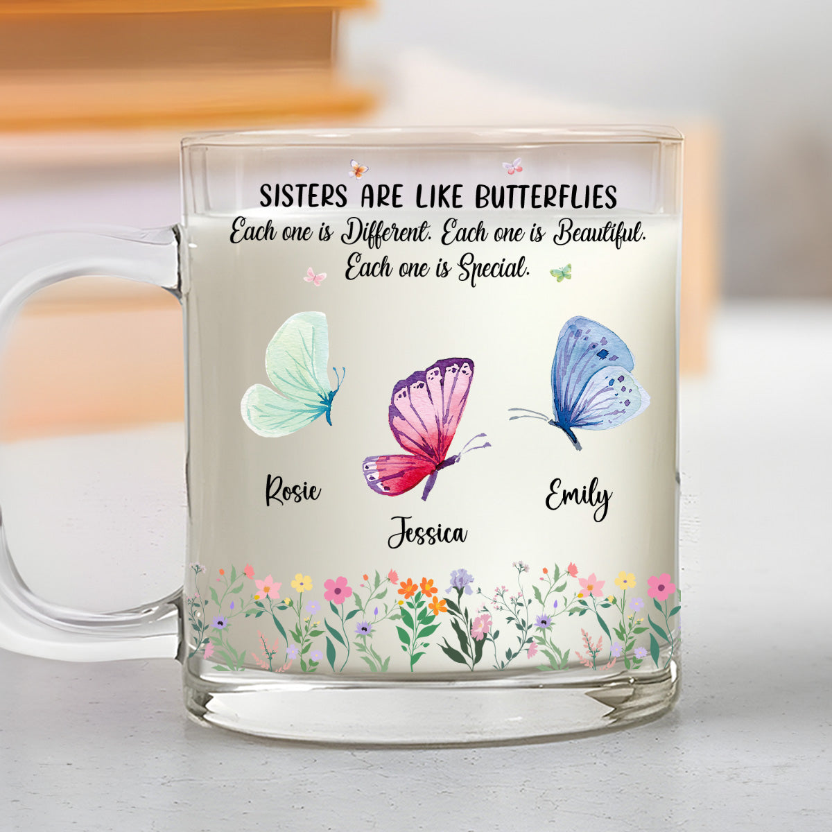 Custom Christmas & Birthday Gift For Sister • Sisters Flutter Through Life Beautifully - Personalized Glass Mug
