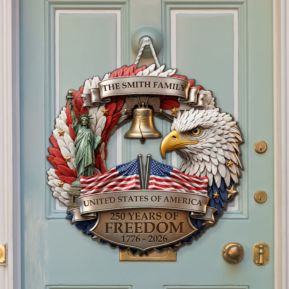Custom Family Patriotic Hanging Decor, 4th of July • 250 Years Strong Together - Personalized Wood Sign
