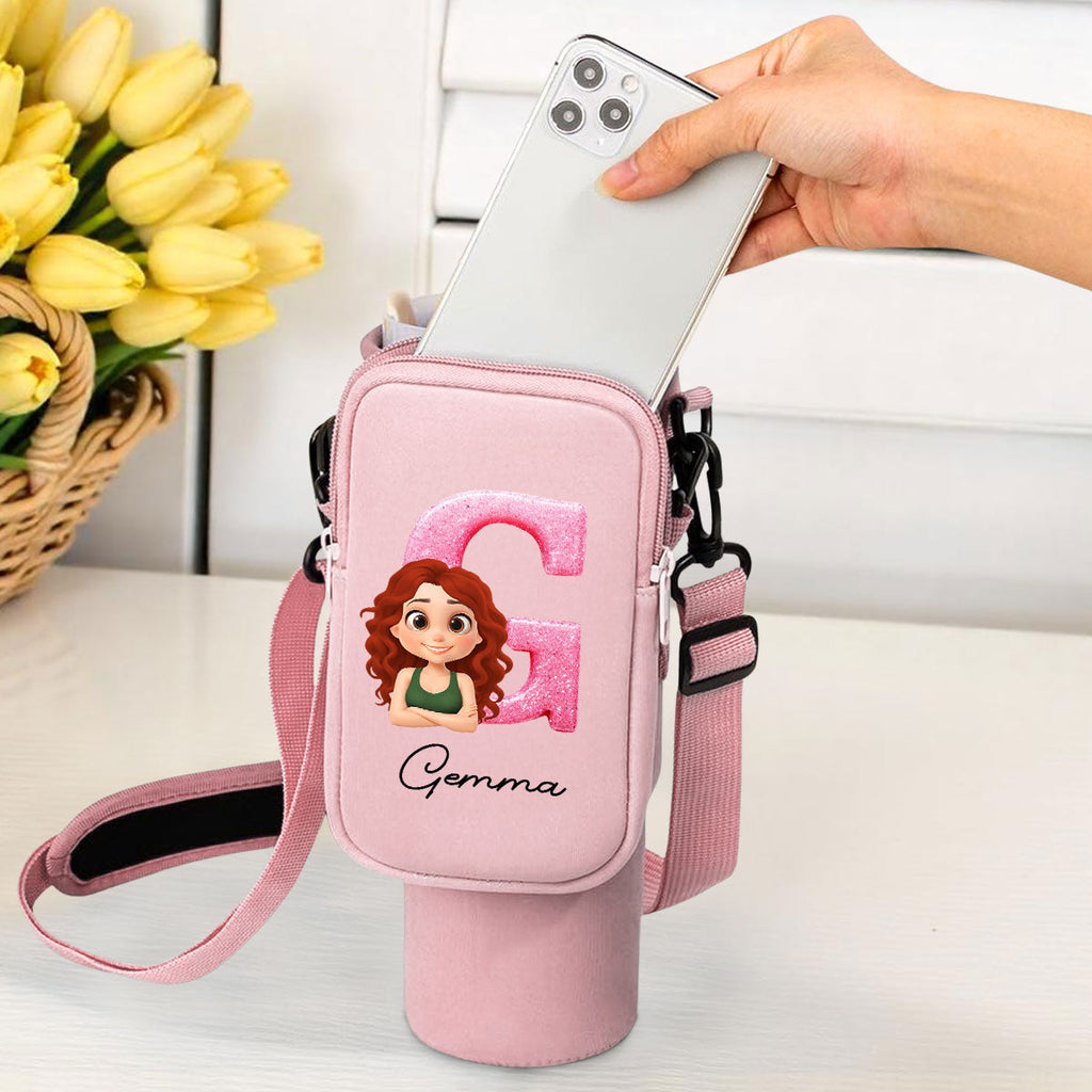 Glitter Alphabet Cartoon - Personalized Water Bottle Carrier Bag