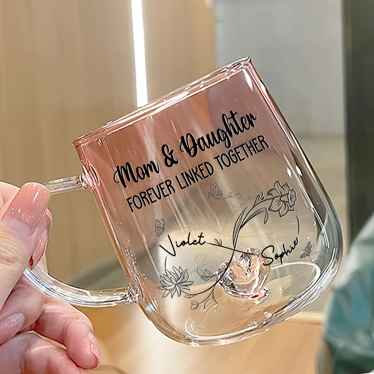 Custom Mother's Day Gift for Mom & Grandma • Mom And Daughter Forever Linked Together - Personalized Pink Gradient Glass Mug