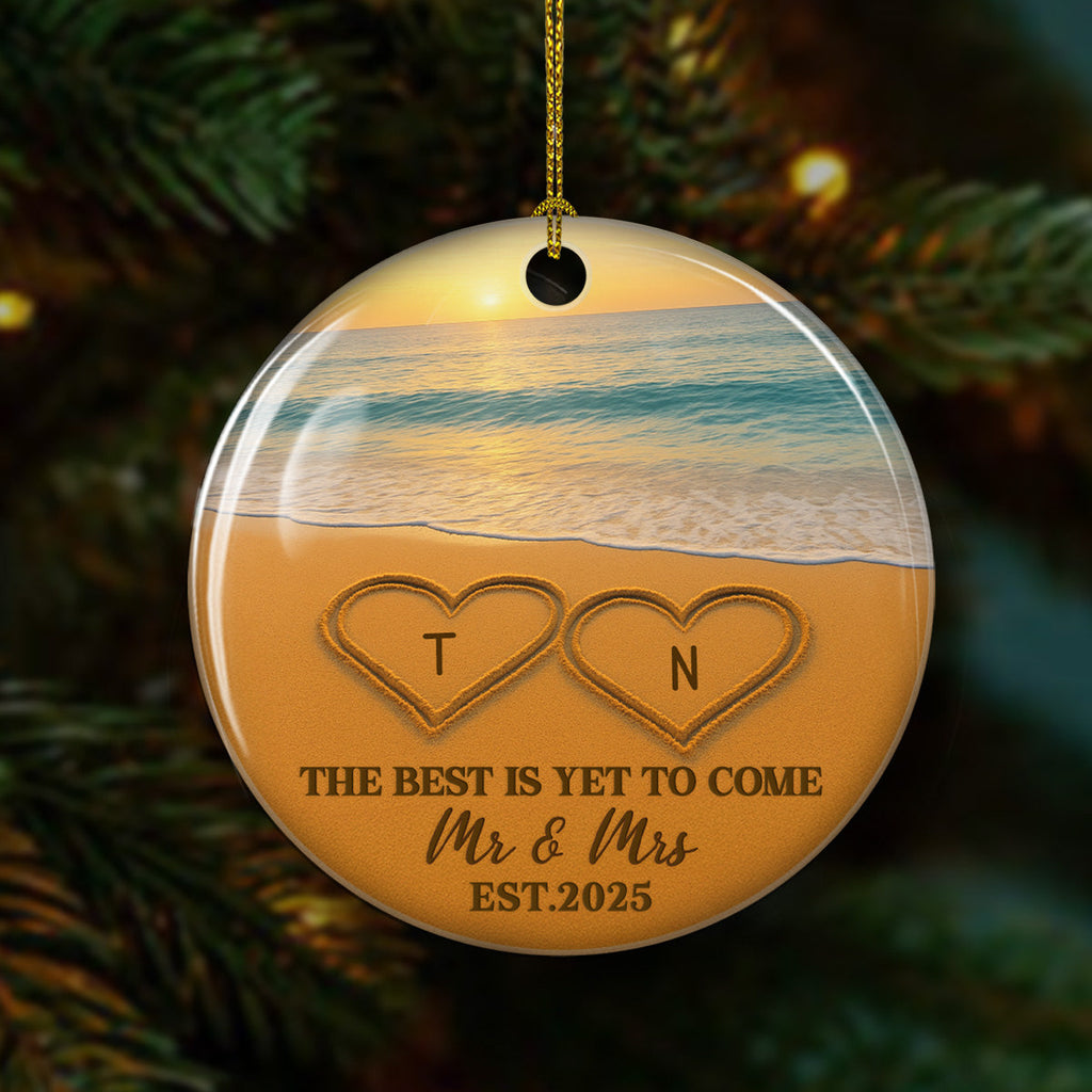 Custom Couple Christmas Ornament, Anniversary Gift •  Writing On Sand - Personalized Ceramic Ornament
