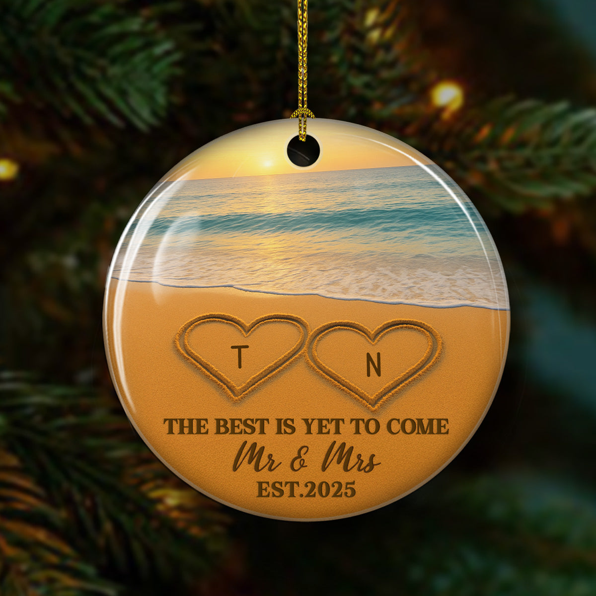 Custom Couple Christmas Ornament, Anniversary Gift •  Writing On Sand - Personalized Ceramic Ornament