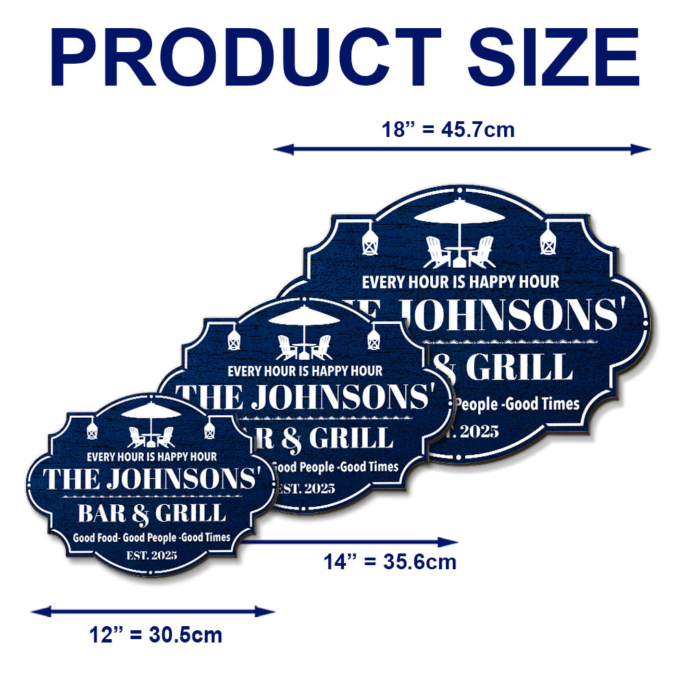 Custom Family Summer Backyard, Patio & Porch Decor • Happy Hour - Personalized Wood Sign