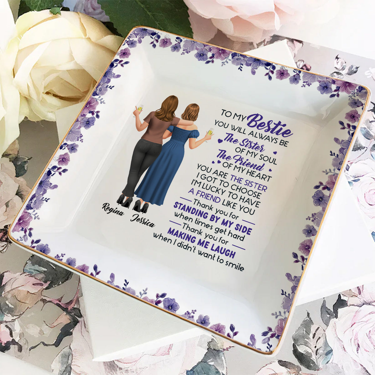 Custom Bestie Trinket Dish, Birthday Christmas Gift For Best Friend • Sister Of My Soul - Personalized Jewelry Dish