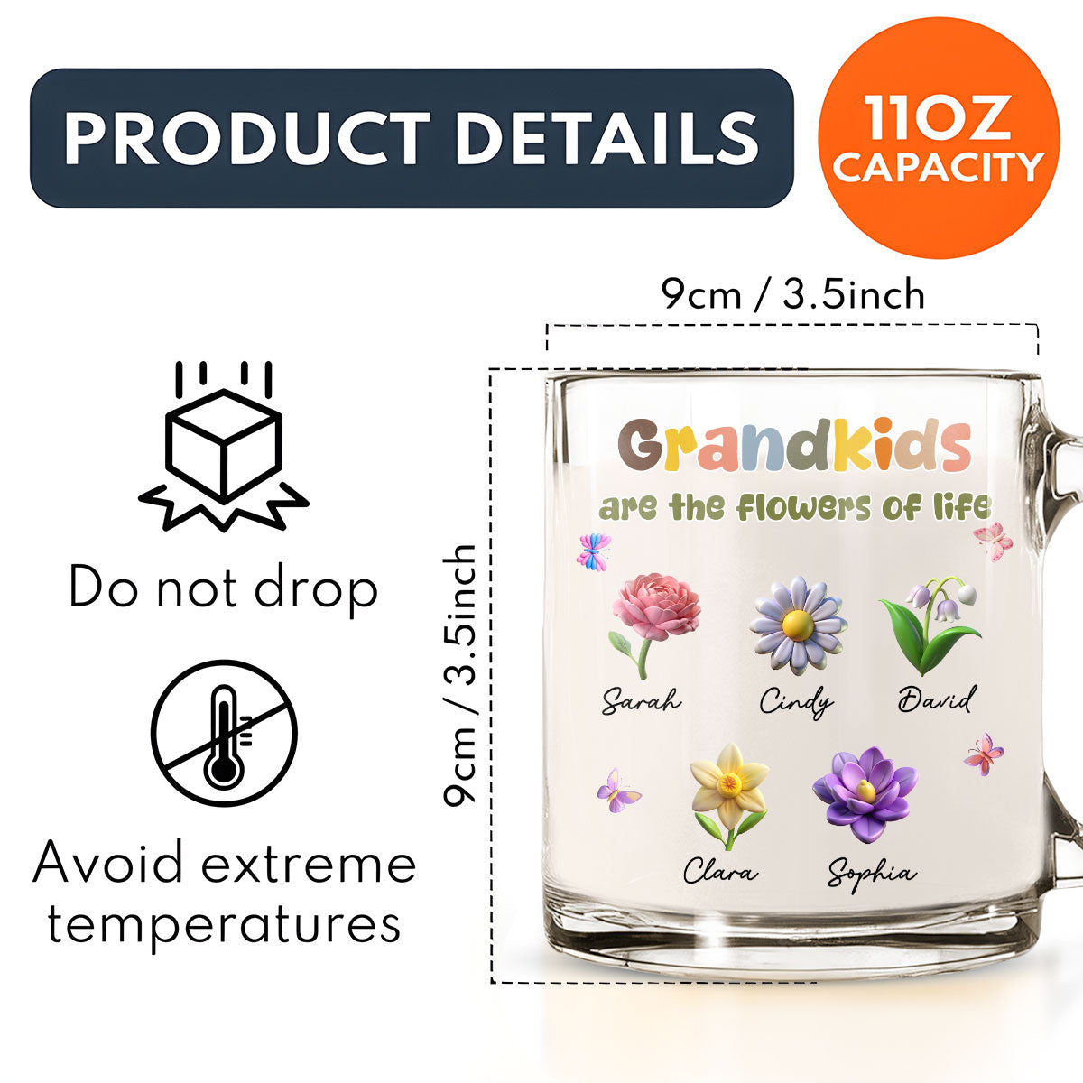 Custom Christmas & Birthday Gift For Grandma • Grandkids Are The Flowers Of Life - Personalized Glass Mug