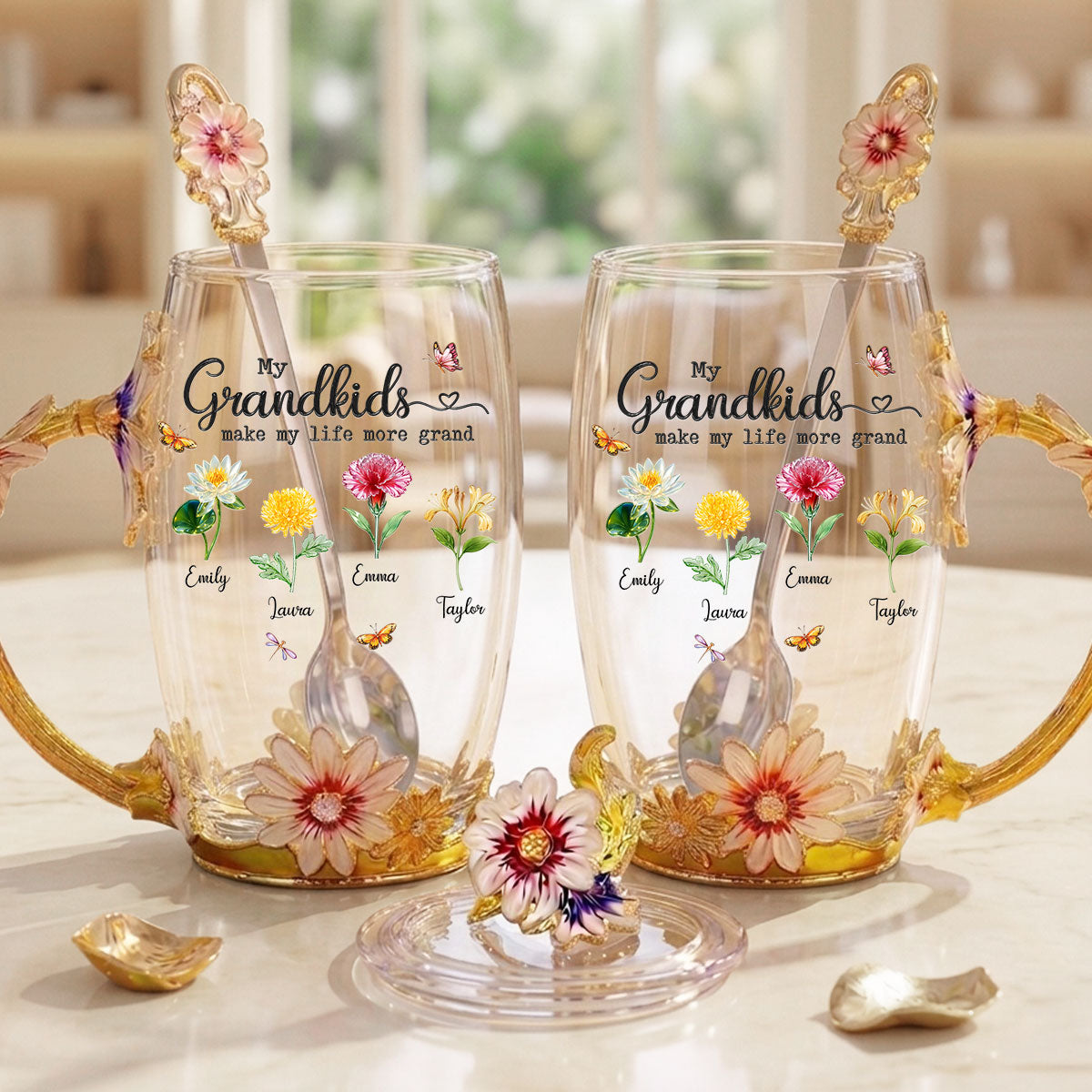 Make Life More Grand With Lovely Kids - Personalized 14OZ Flower Tea Cup