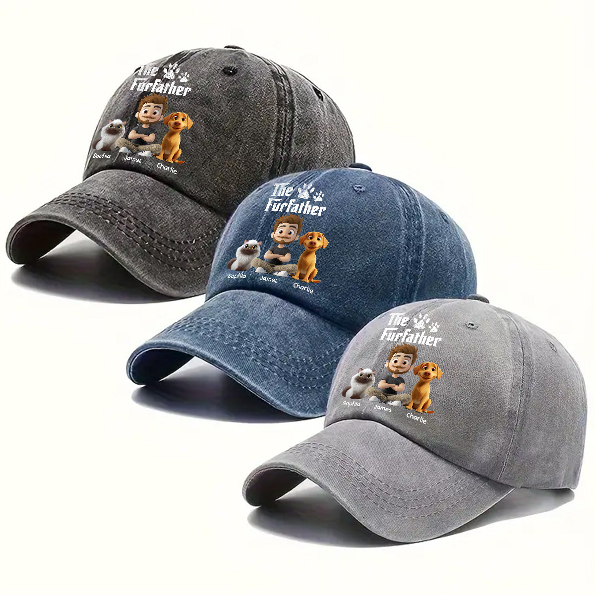 Custom Christmas Headwear Birthday Gifts for Pet Parents • Cool Fur Father - Personalized Vintage Washed Denim Cap