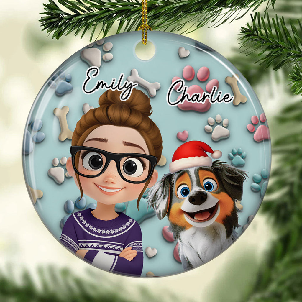 Custom Keepsake Christmas Ornament •  Dog And Human Cartoon - Personalized 3D Effect Ceramic Ornament