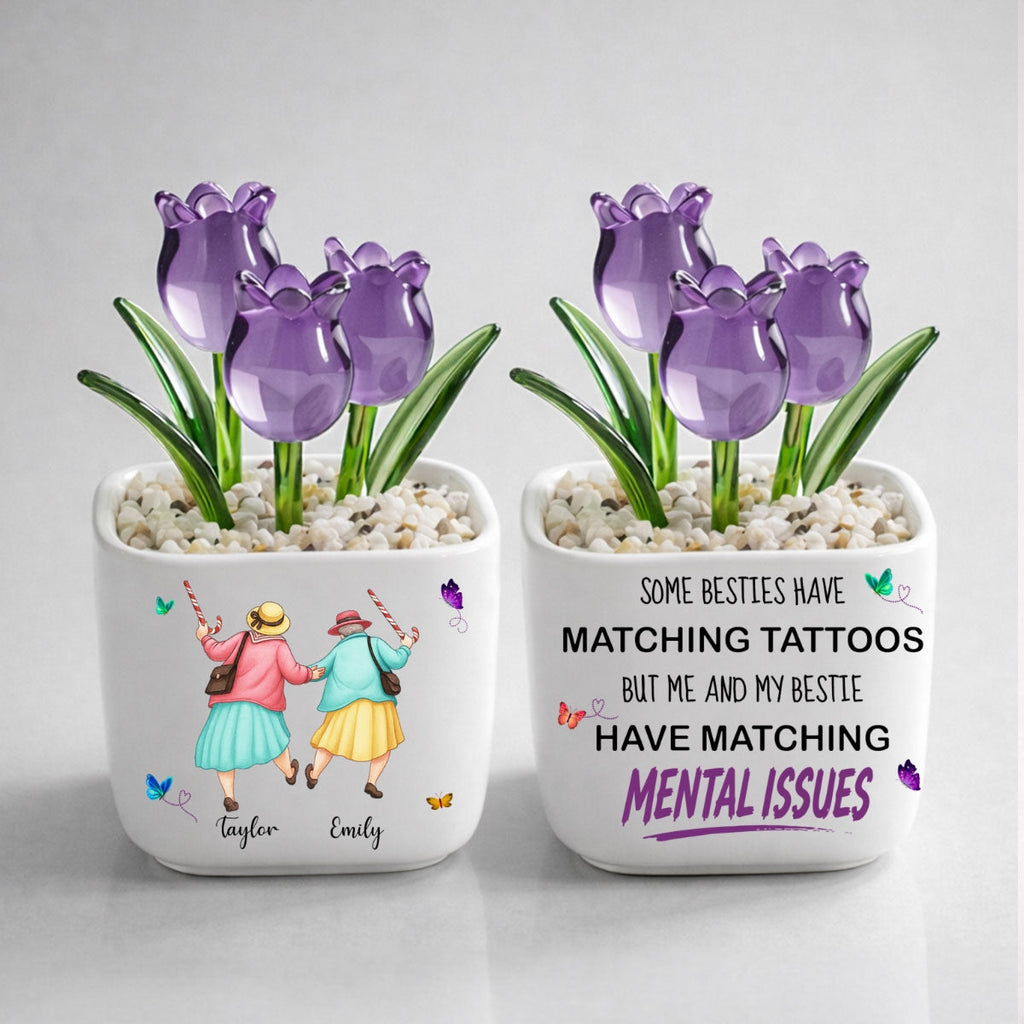 Custom Flower Keepsake, Glass Home Decor Gift for Best Friend • Matching Besties - Personalized Glass Everlasting Tulips
