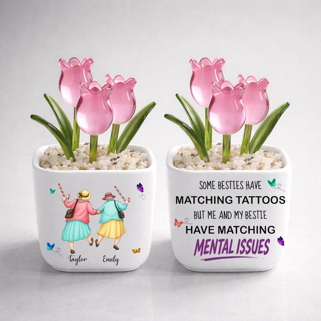Custom Flower Keepsake, Glass Home Decor Gift for Best Friend • Matching Besties - Personalized Glass Everlasting Tulips