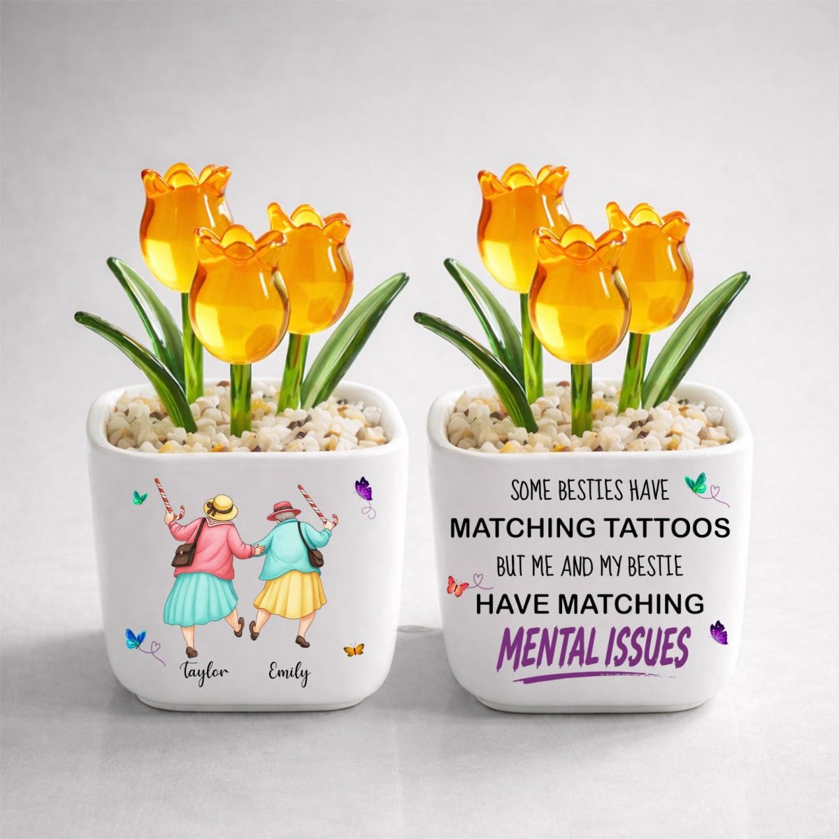 Custom Flower Keepsake, Glass Home Decor Gift for Best Friend • Matching Besties - Personalized Glass Everlasting Tulips