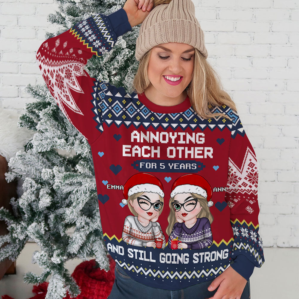 Custom Friendship Christmas Sweatshirt, Best Friend Gift • Besties Annoying Each Other - Personalized All-Over-Print Sweatshirt