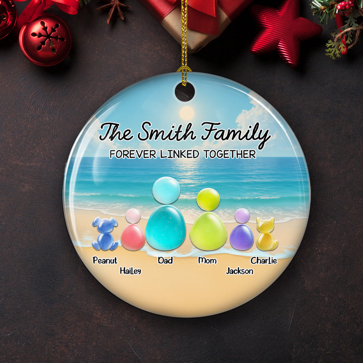 Custom Family Ornament, Christmas Gift for Family Members •  Sea Glass Family With Pet - Personalized 3D Inflated Effect Ceramic Ornament