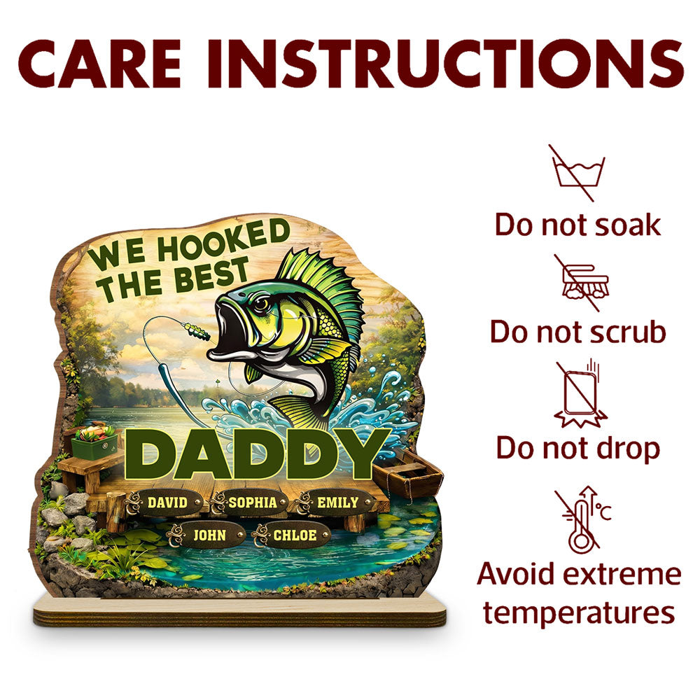 Custom Father's Day Decor, Gift for Dad & Grandpa • Hooked The Best Dad - Personalized 2-Layer Wood Plaque With Flat Base