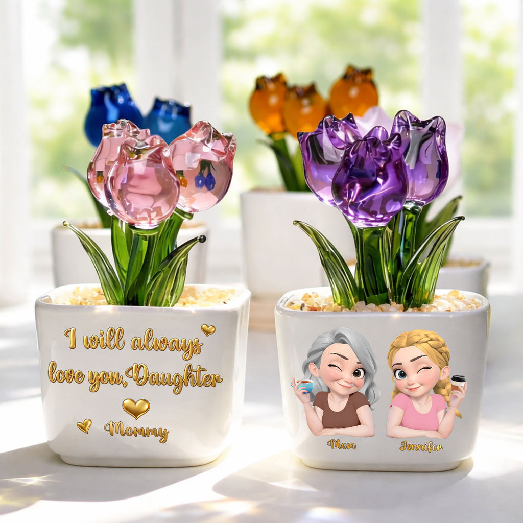 Custom Flower Keepsake, Meaningful Glass Home Decor Gift • Mom Always Love You - Personalized Glass Everlasting Tulips