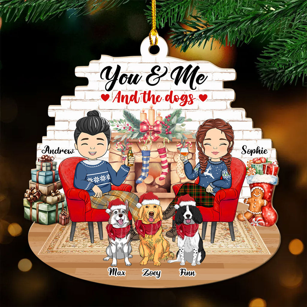 Custom Couple Christmas Ornament, Anniversary Gift •  Couple And Dogs - Personalized Wood Ornament