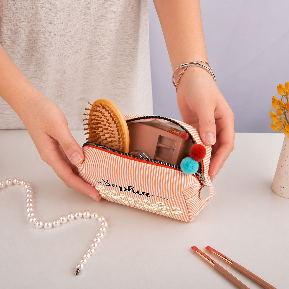 Custom Birth Flower & Name For Her, Daughter, Sister, Friends • Born To Bloom - Personalized Seersucker Print Makeup Bag