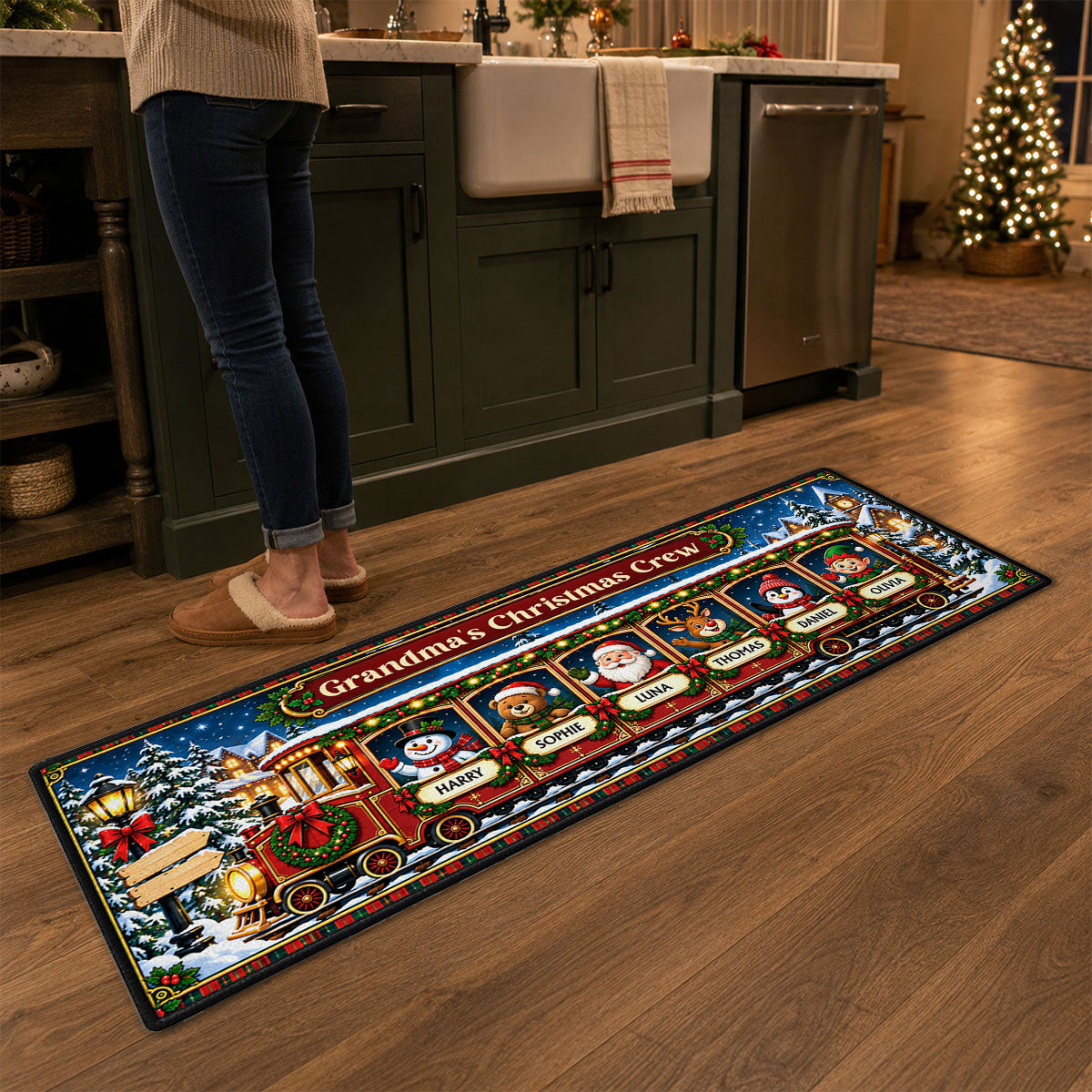 Custom Family Name Rug, Housewarming Birthday Gift For Family Members • Christmas Crew Train - Personalized Runner Rug
