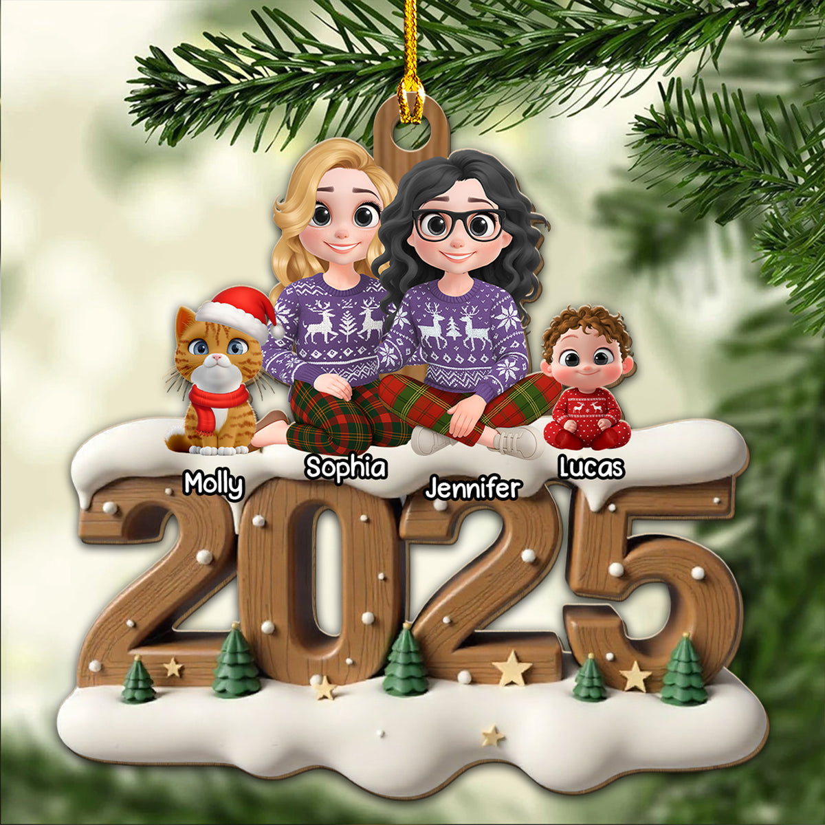Custom Family Ornament, Christmas Gift for Family Members •  Us Together With Them Onwards - Personalized 3D Effect Wood Ornament